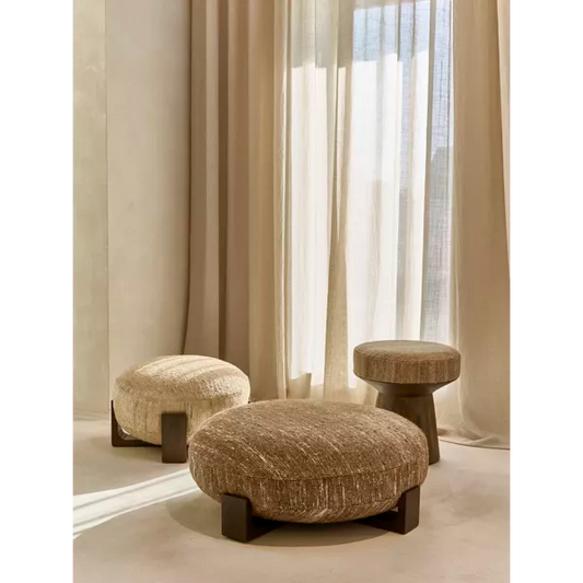 Pouf Milena - bois de manguier / laine écru - Ø60 x 40 cm - Pomax