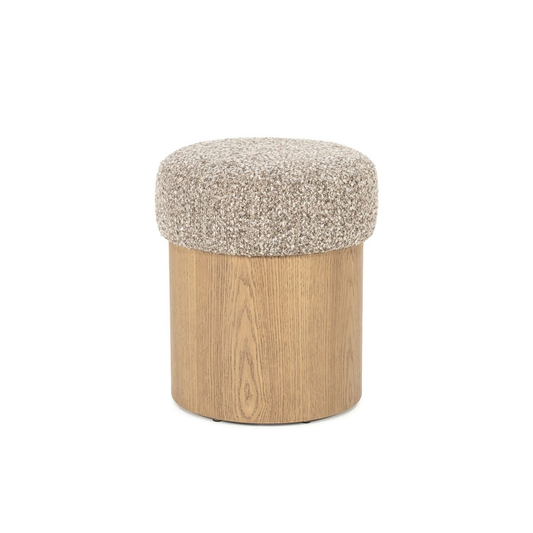 Pouf Champagne – taupe & bois brun clair